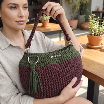 Green and brown handmade crochet bag