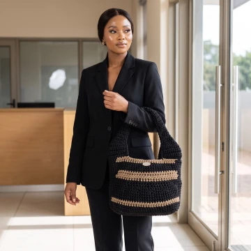 Black and khakhi Crochet handmade bag