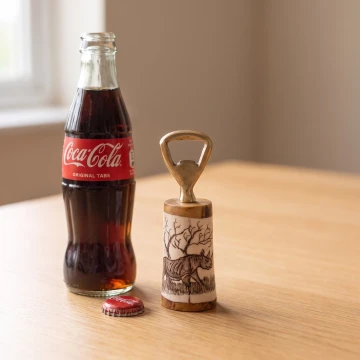 Scrimshaw Bone, Wood and Brass Bottle Opener with animal engraving from Zimbabwe