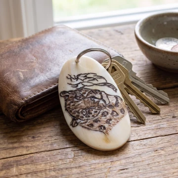 Leopard scrimshawed bone keychain handcraft from Zimbabwe