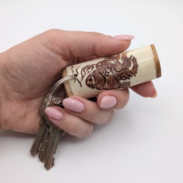 Buffalo scrimshawed keychain made from wood and cow bone