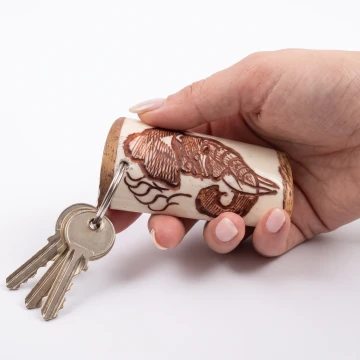 Elephant scrimshawed keychain made from wood and cow bone