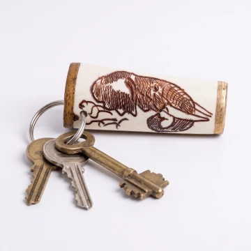 Elephant scrimshawed keychain made from wood and cow bone