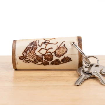 Giraffe scrimshawed keychain made from wood and cow bone