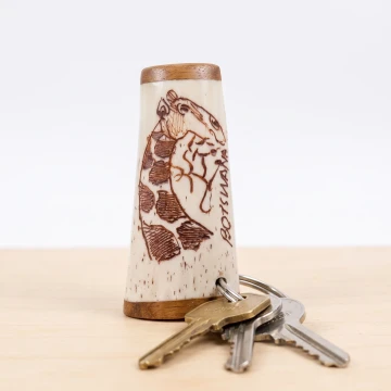 Giraffe scrimshawed keychain made from wood and cow bone