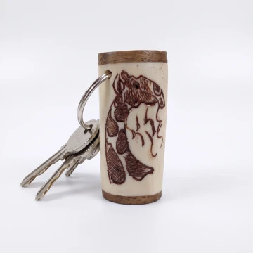 Giraffe scrimshawed keychain made from wood and cow bone