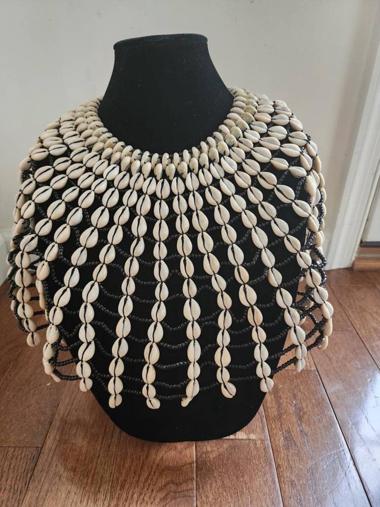 Authentic African Statement Ethnic Cowrie Sea Shell Beaded Tassels Collar Necklace