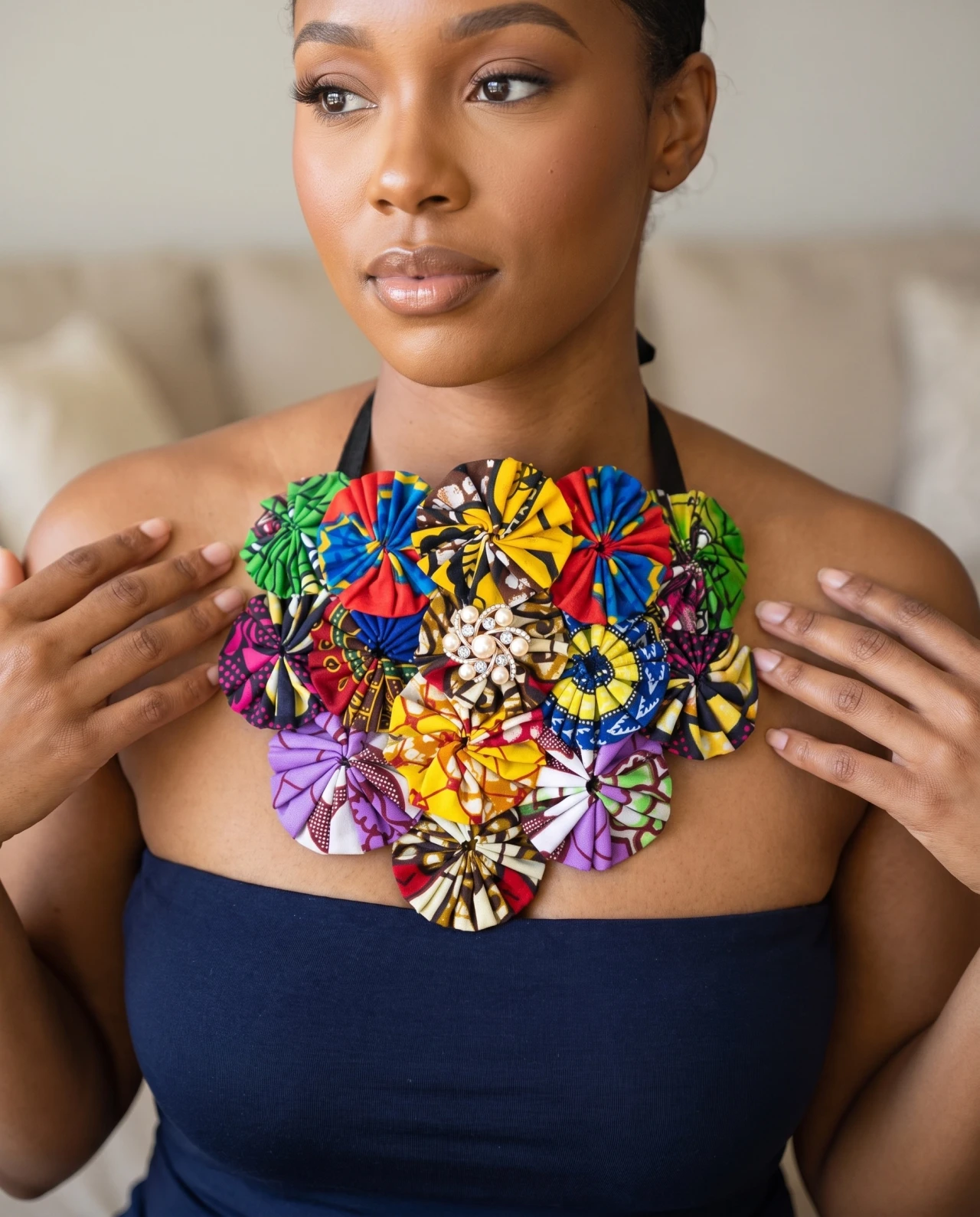 Ankara Flower and Pearl Brooch Necklace, African jewelry, Valentine's gift, Unique gift, Kwanzaa, One of a kind, Birthday gift, Afrocentric