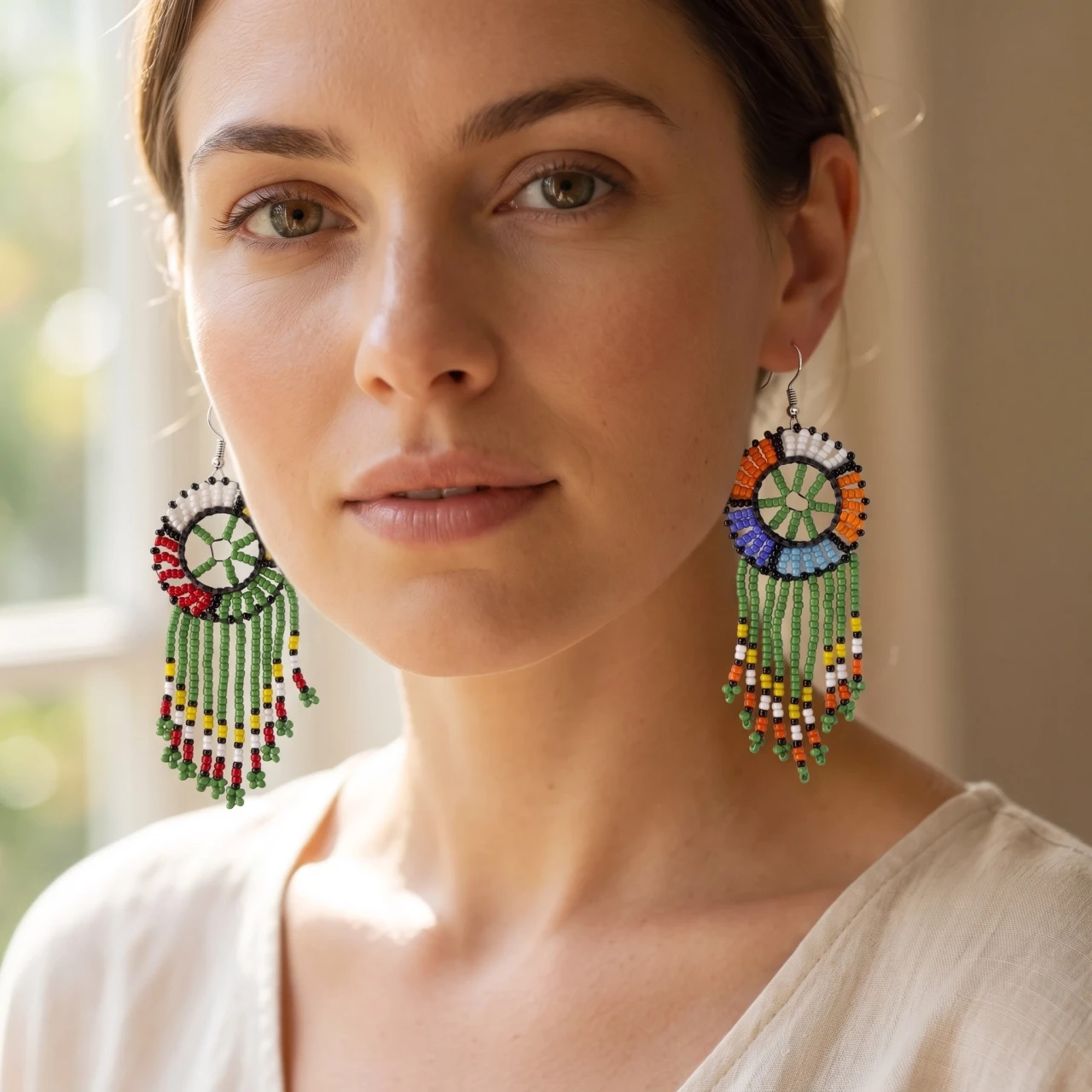 Wheel and feather handmade ethnic earrings