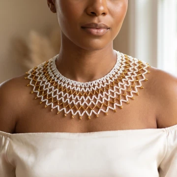White and Gold beaded diamond shaped throw on shoulder-length necklace