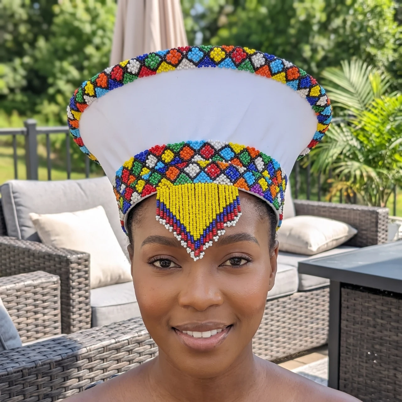 Beaded White Zulu Hat Isicholo White and Gold Zulu Hat - African Crown