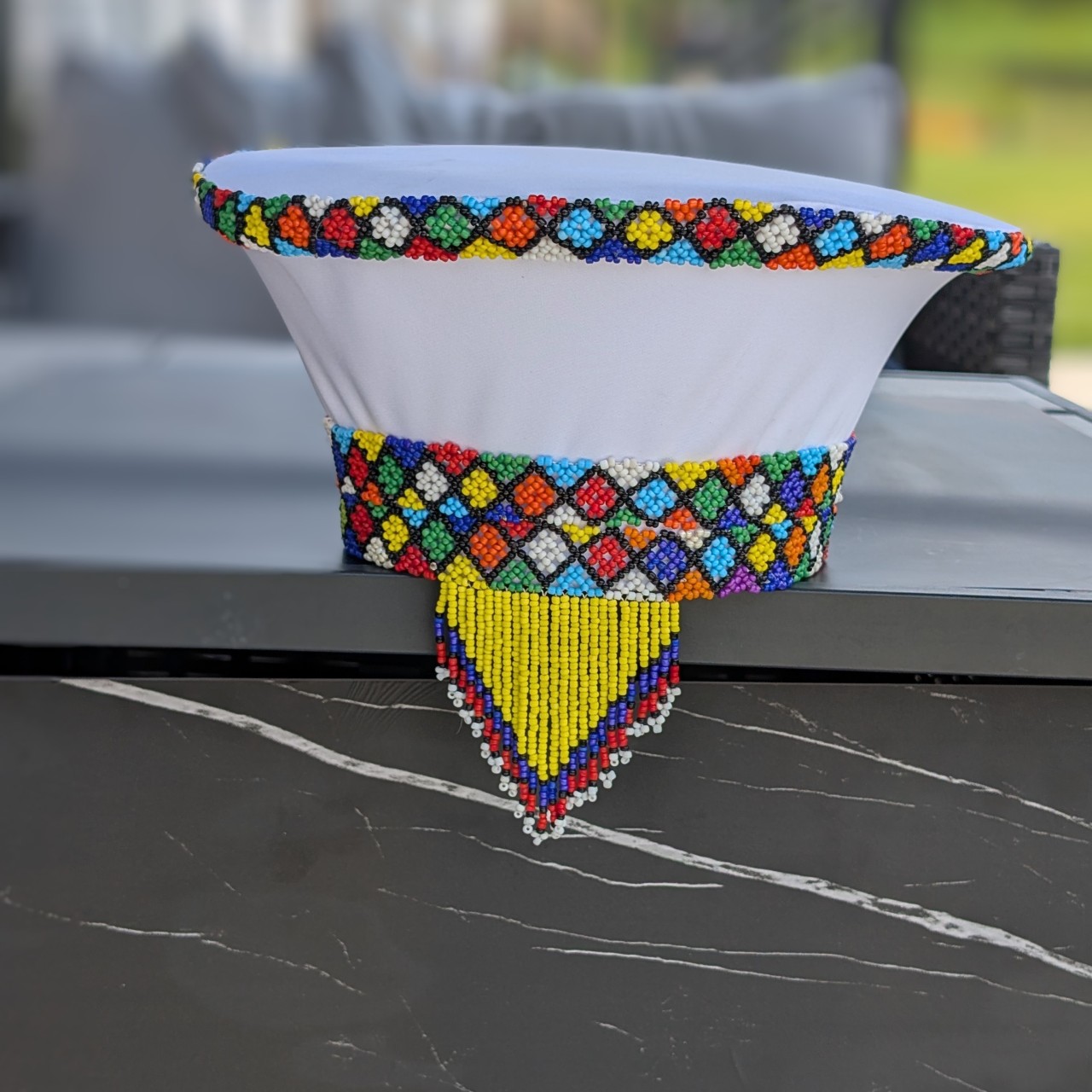 Beaded White Zulu Hat Isicholo White and Gold Zulu Hat - African Crown